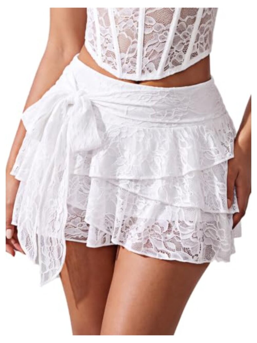 Ruffle Lace Mini Skirt Skort Asymmetrical Tiered with Built-In Shorts Y2K